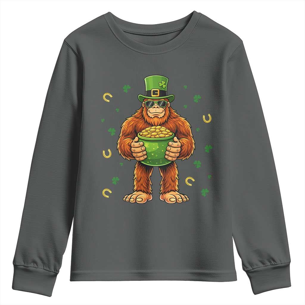 Funny St Patricks Day Bigfoot Lucky Pot Gold Sunglasses Sasquatch Youth Sweatshirt TS11 Dark Heather Print Your Wear