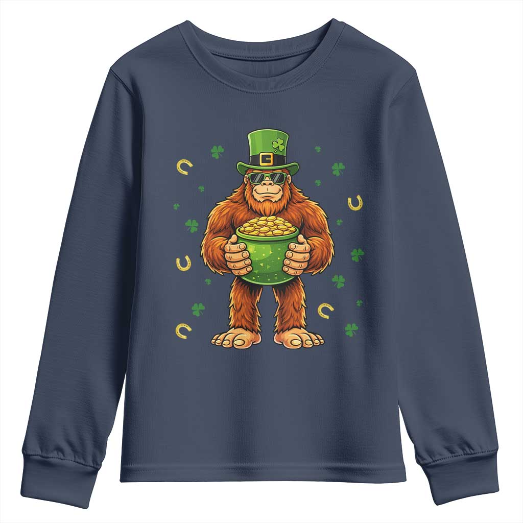 Funny St Patricks Day Bigfoot Lucky Pot Gold Sunglasses Sasquatch Youth Sweatshirt TS11 Navy Print Your Wear