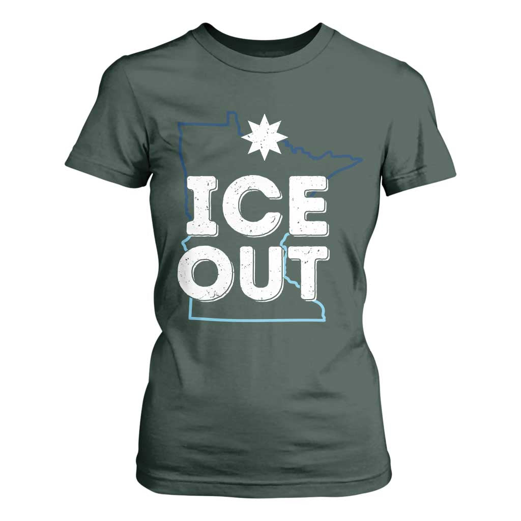 Ice Out Of Minnesota T Shirt For Women MN Map Immigration Protest Community Resistance TS11 Dark Forest Green Print Your Wear