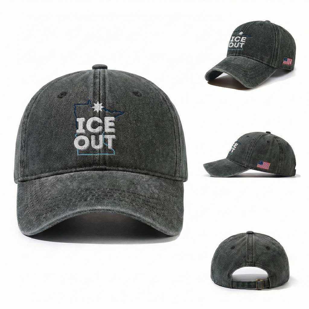 Ice Out Of Minnesota Washed Cotton Baseball Cap - MN Map Immigration Protest Community Resistance TS11 Washed Cap Universal Fit Dark Green Print Your Wear