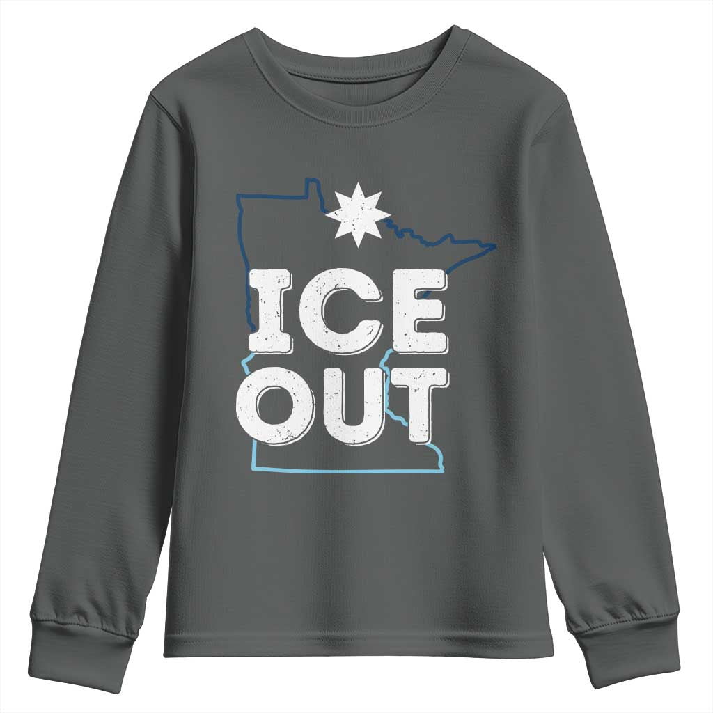Ice Out Of Minnesota Youth Sweatshirt MN Map Immigration Protest Community Resistance TS11 Dark Heather Print Your Wear