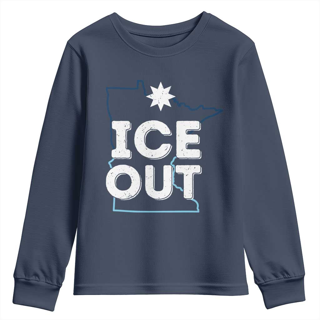 Ice Out Of Minnesota Youth Sweatshirt MN Map Immigration Protest Community Resistance TS11 Navy Print Your Wear