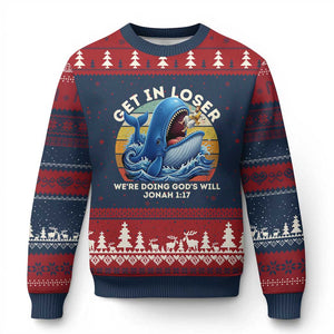 Get In Loser We're Doing God's Will Ugly Christmas Sweater Funny Christian Bible TS11 Navy Red Print Your Wear