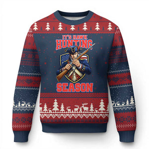 Funny New England Minutemen Football Rivarly Ugly Christmas Sweater It Is Hawk Hunting Season TS11 Navy Red Print Your Wear