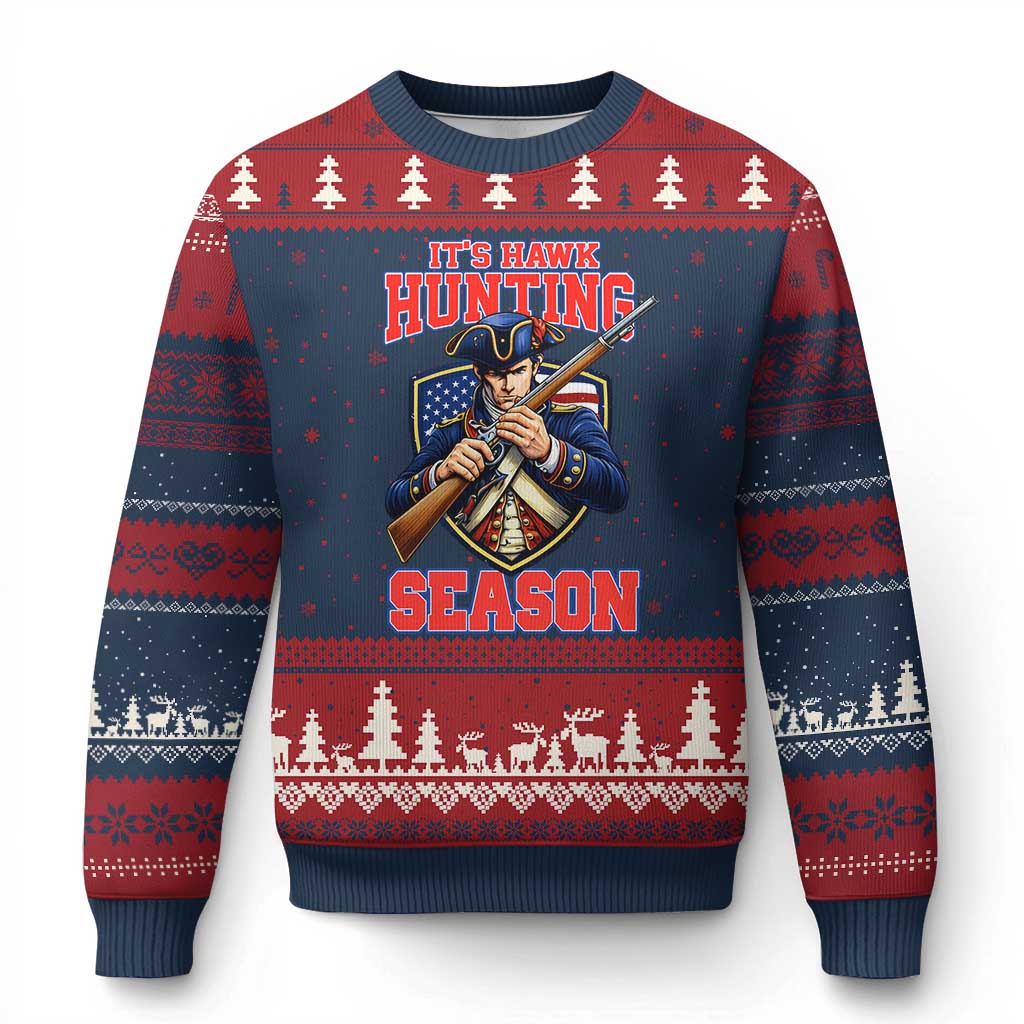 Funny New England Minutemen Football Rivarly Ugly Christmas Sweater It Is Hawk Hunting Season TS11 Navy Red Print Your Wear