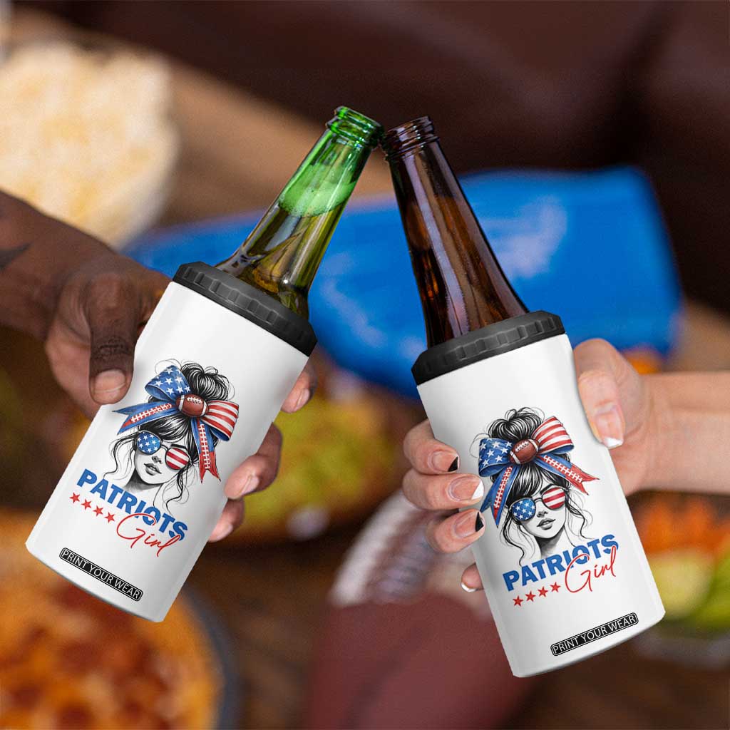 Patriots Girl 4 in 1 Can Cooler Tumbler Funny Sport Fan New England Game Day Messy Bun TS11 Print Your Wear