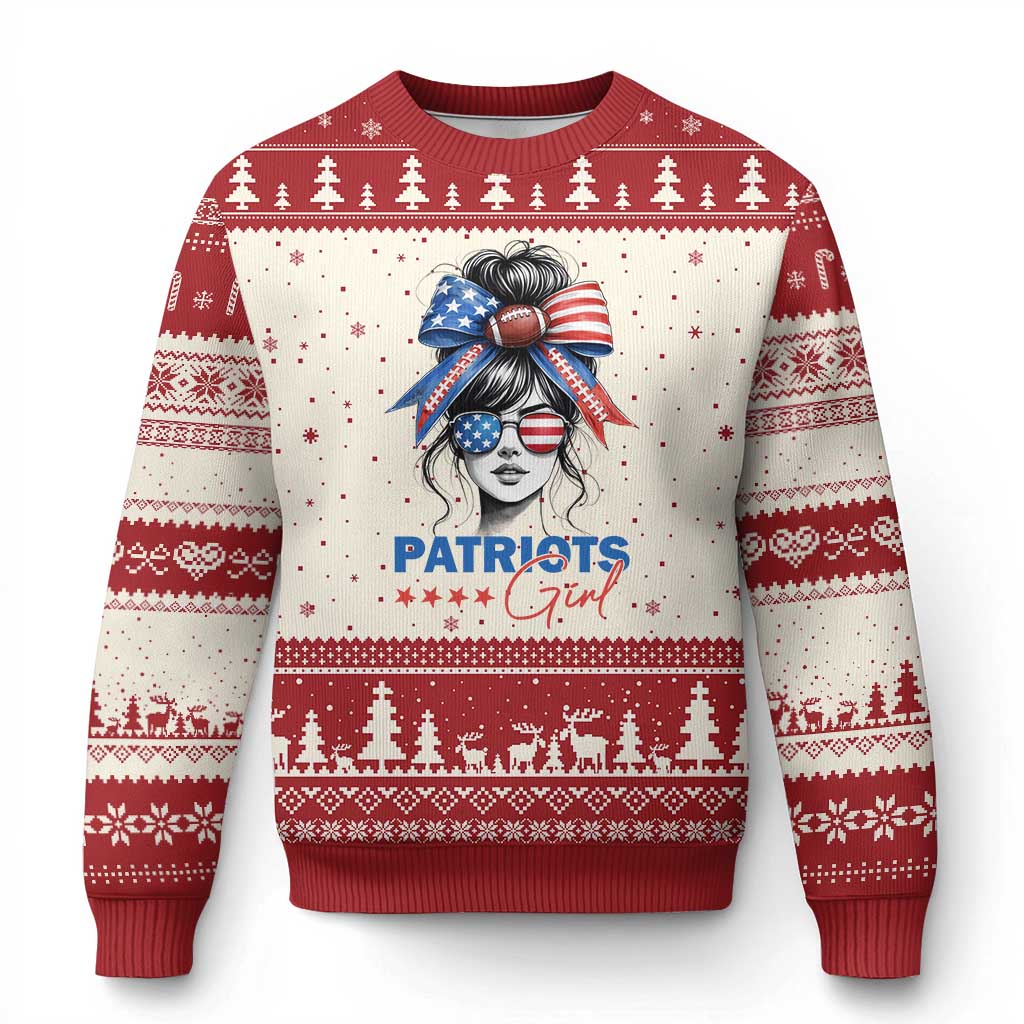 Patriots Girl Ugly Christmas Sweater Funny Sport Fan New England Game Day Messy Bun TS11 Beige Red Print Your Wear