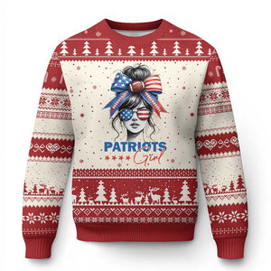 Patriots Girl Ugly Christmas Sweater Funny Sport Fan New England Game Day Messy Bun TS11 Beige Red Print Your Wear