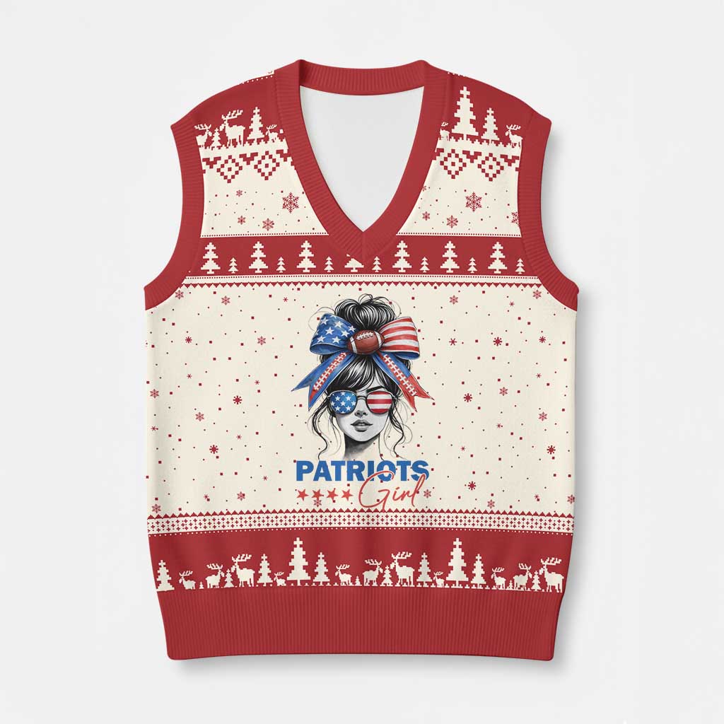 Patriots Girl V-Neck Knit Sweater Vest Funny Sport Fan New England Game Day Messy Bun TS11 Beige Red Print Your Wear