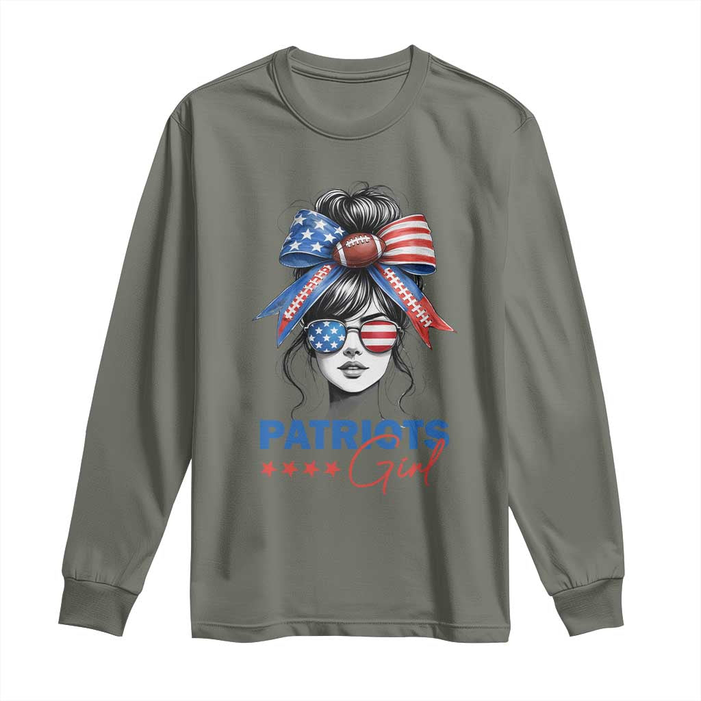 Patriots Girl Long Sleeve Shirt Funny Sport Fan New England Game Day Messy Bun TS11 Military Green Print Your Wear