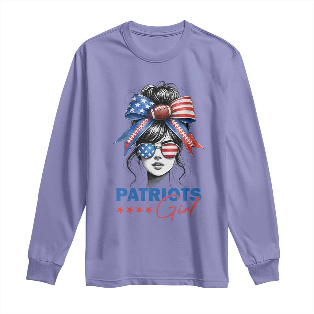 Patriots Girl Long Sleeve Shirt Funny Sport Fan New England Game Day Messy Bun TS11 Violet Print Your Wear