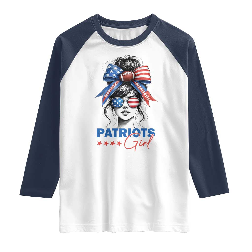 Patriots Girl Raglan Shirt Funny Sport Fan New England Game Day Messy Bun TS11 White Navy Print Your Wear