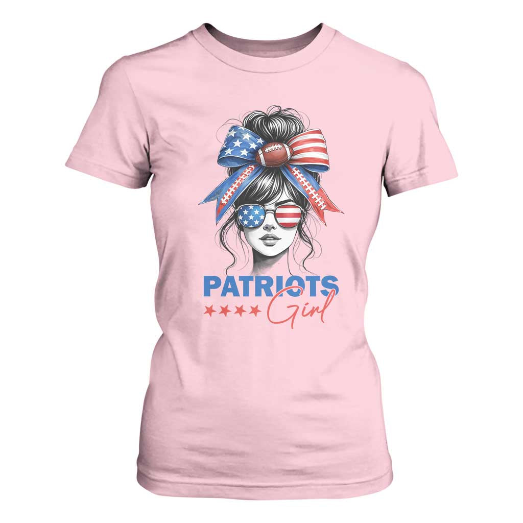 Patriots Girl T Shirt For Women Funny Sport Fan New England Game Day Messy Bun TS11 Light Pink Print Your Wear