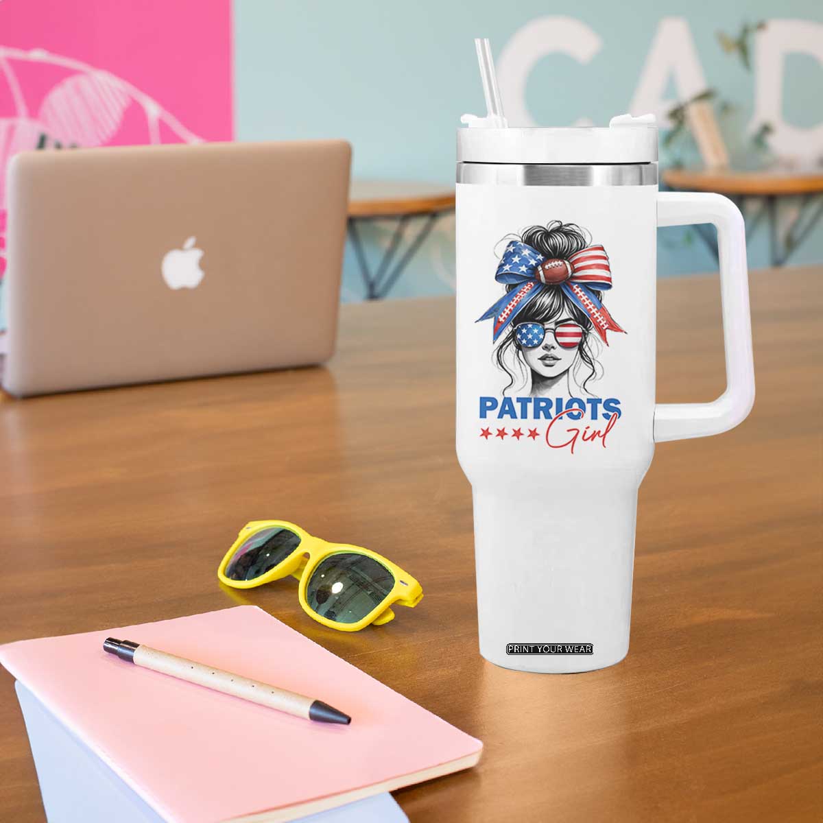 Patriots Girl Tumbler With Handle Funny Sport Fan New England Game Day Messy Bun TS11 Print Your Wear