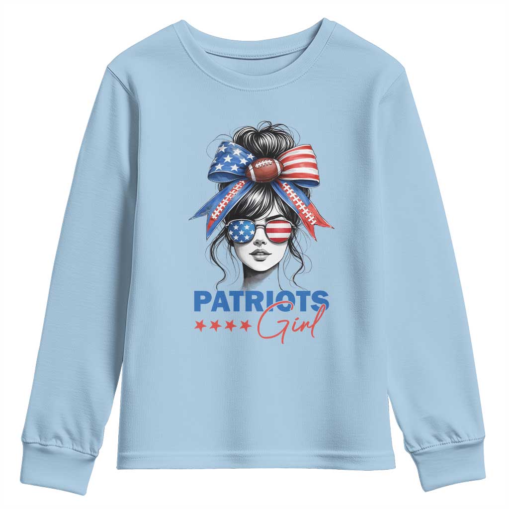 Patriots Girl Youth Sweatshirt Funny Sport Fan New England Game Day Messy Bun TS11 Light Blue Print Your Wear