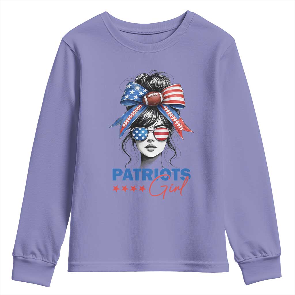 Patriots Girl Youth Sweatshirt Funny Sport Fan New England Game Day Messy Bun TS11 Violet Print Your Wear