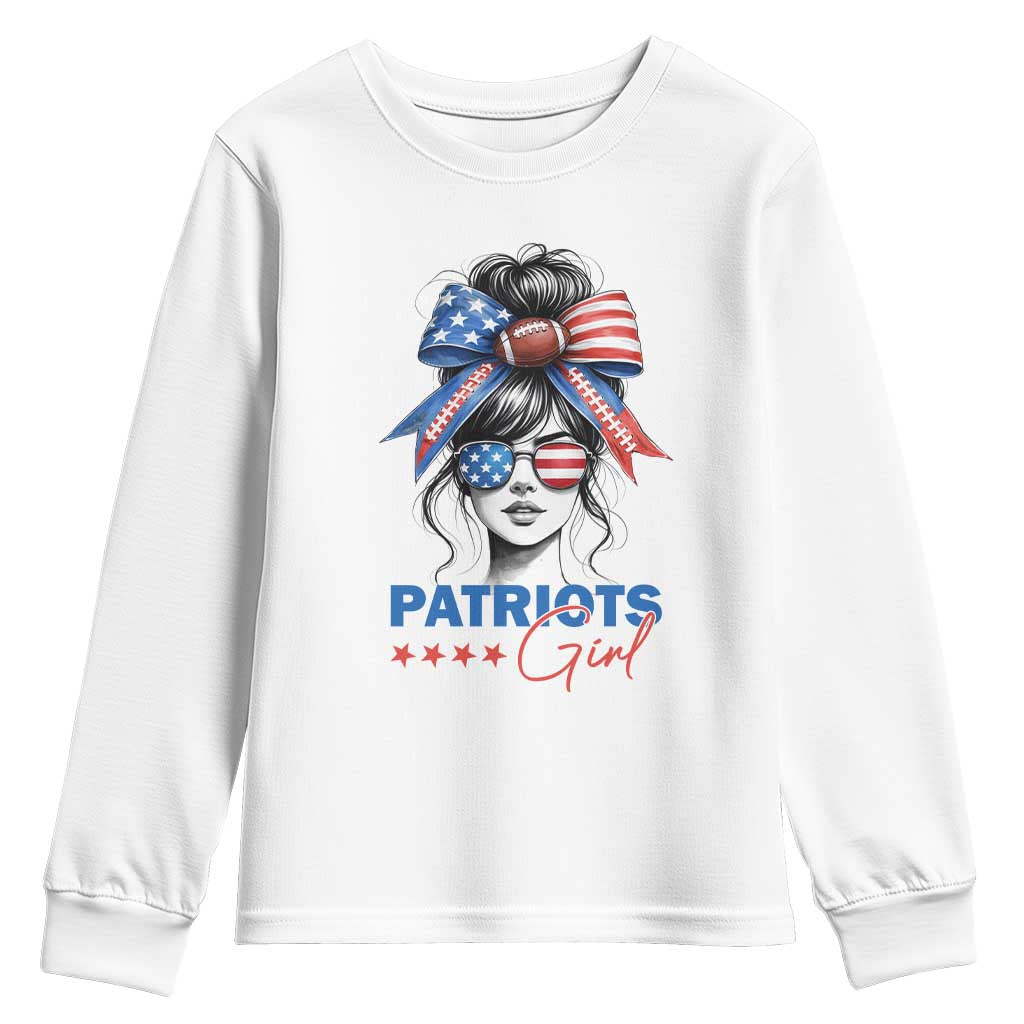 Patriots Girl Youth Sweatshirt Funny Sport Fan New England Game Day Messy Bun TS11 White Print Your Wear