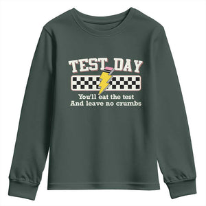 Funny Test Day You'll Eat The Test And Leave No Crumbs Youth Sweatshirt Teacher Pencil Lightning Bolt TS11 Dark Forest Green Print Your Wear
