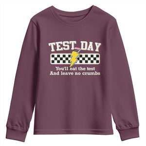 Funny Test Day You'll Eat The Test And Leave No Crumbs Youth Sweatshirt Teacher Pencil Lightning Bolt TS11 Maroon Print Your Wear