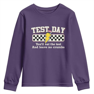 Funny Test Day You'll Eat The Test And Leave No Crumbs Youth Sweatshirt Teacher Pencil Lightning Bolt TS11 Purple Print Your Wear