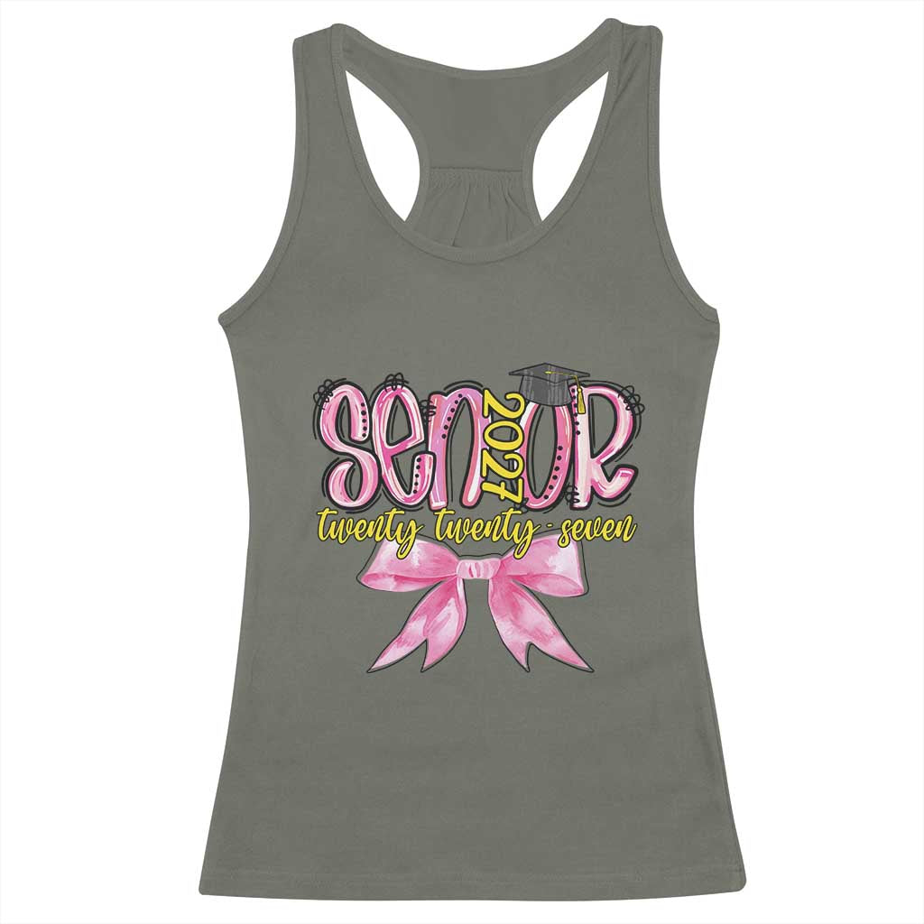 Funny Senior EST 2027 Graduation Racerback Tank Top Twenty Twenty Seven Pink Bow TS11 Military Green Print Your Wear
