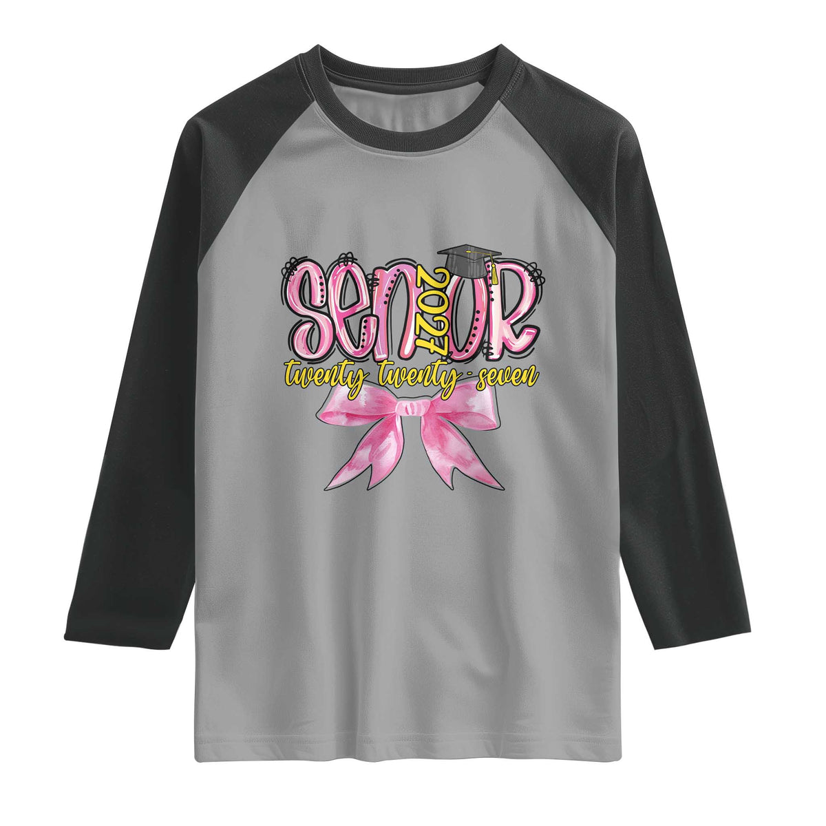 Funny Senior EST 2027 Graduation Raglan Shirt Twenty Twenty Seven Pink Bow TS11 Sport Gray Black Print Your Wear