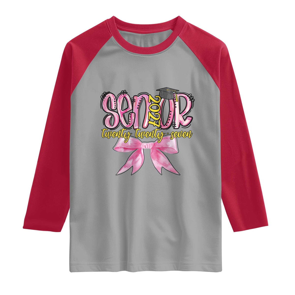 Funny Senior EST 2027 Graduation Raglan Shirt Twenty Twenty Seven Pink Bow TS11 Sport Gray Red Print Your Wear