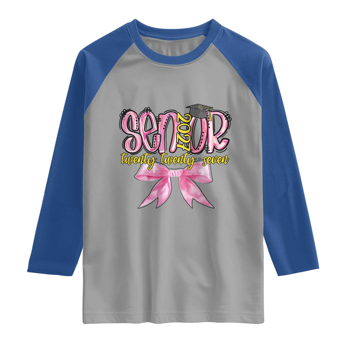 Funny Senior EST 2027 Graduation Raglan Shirt Twenty Twenty Seven Pink Bow TS11 Sport Gray Royal Print Your Wear