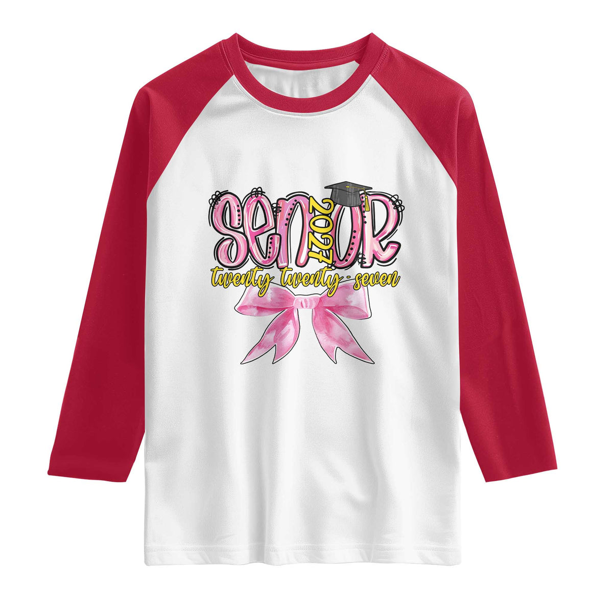 Funny Senior EST 2027 Graduation Raglan Shirt Twenty Twenty Seven Pink Bow TS11 White Red Print Your Wear