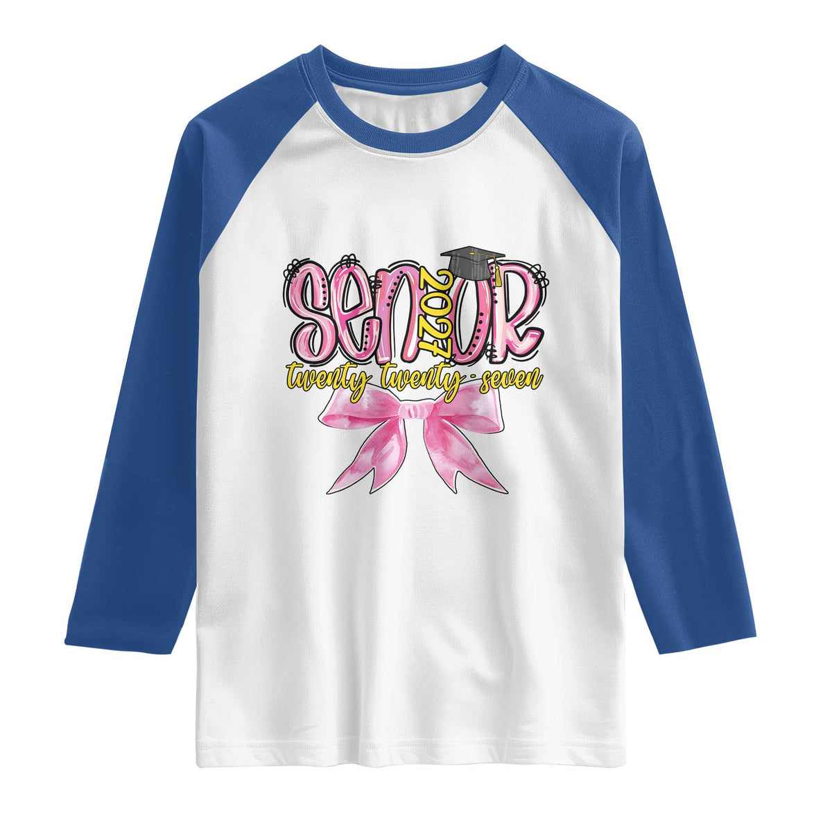 Funny Senior EST 2027 Graduation Raglan Shirt Twenty Twenty Seven Pink Bow TS11 White Royal Print Your Wear