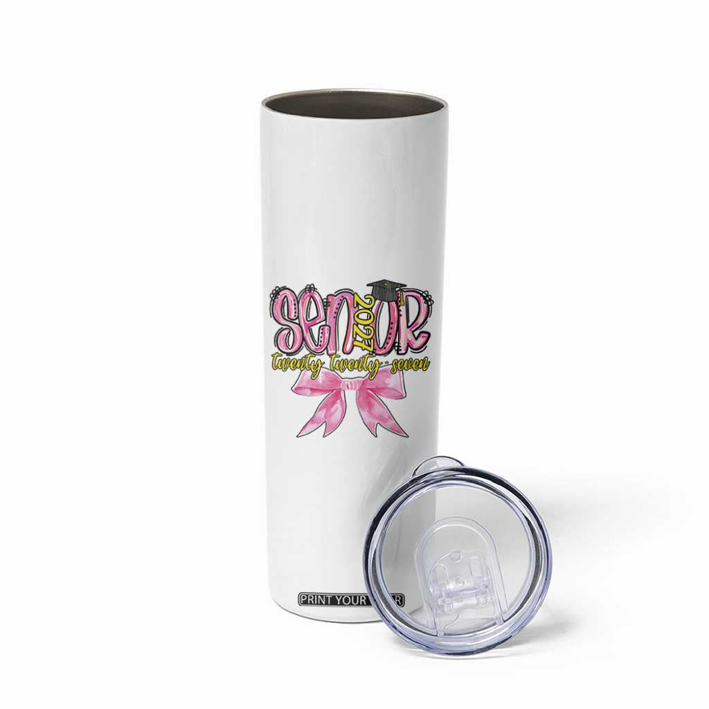 Funny Senior EST 2027 Graduation Skinny Tumbler Twenty Twenty Seven Pink Bow