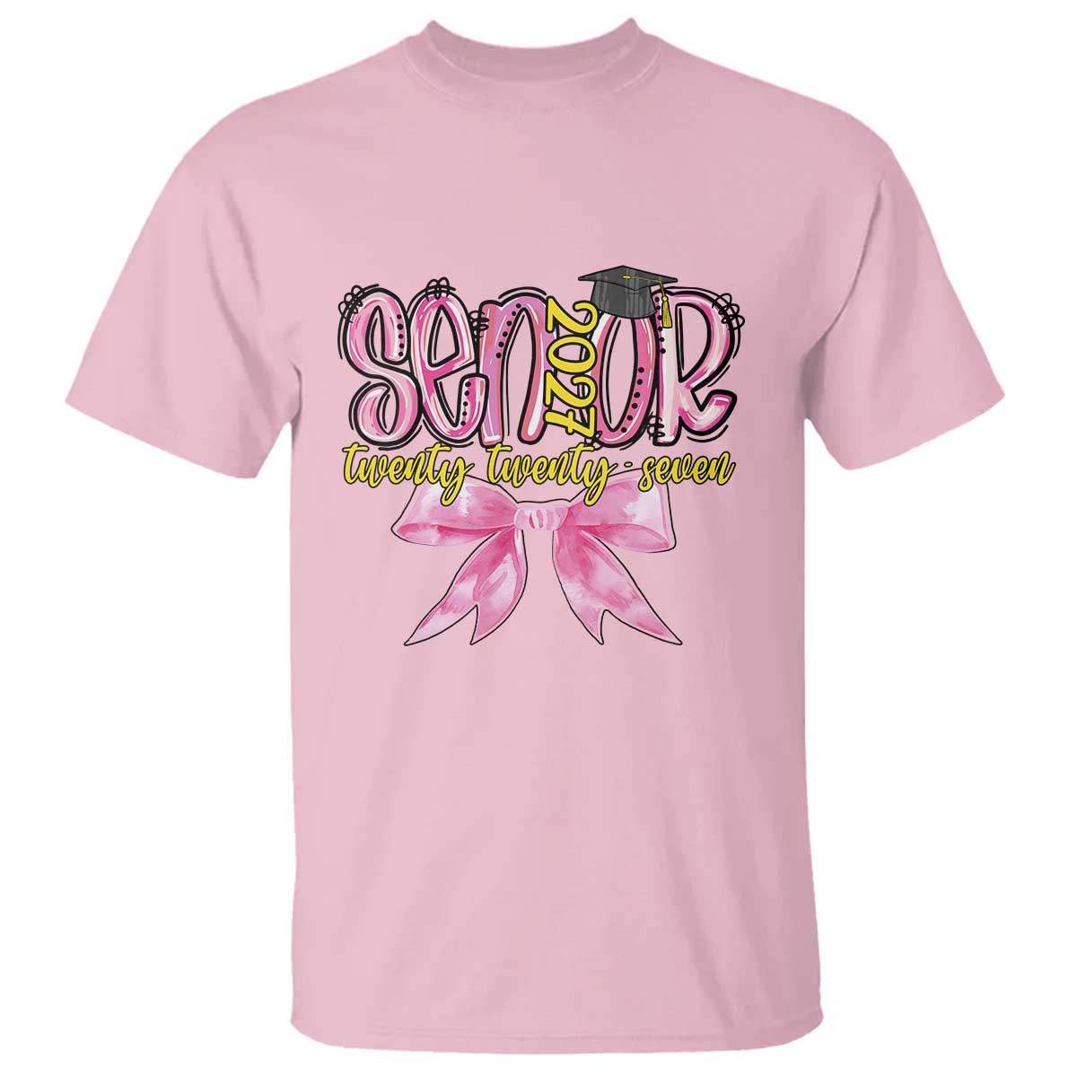 Funny Senior EST 2027 Graduation T Shirt Twenty Twenty Seven Pink Bow TS11 Light Pink Print Your Wear
