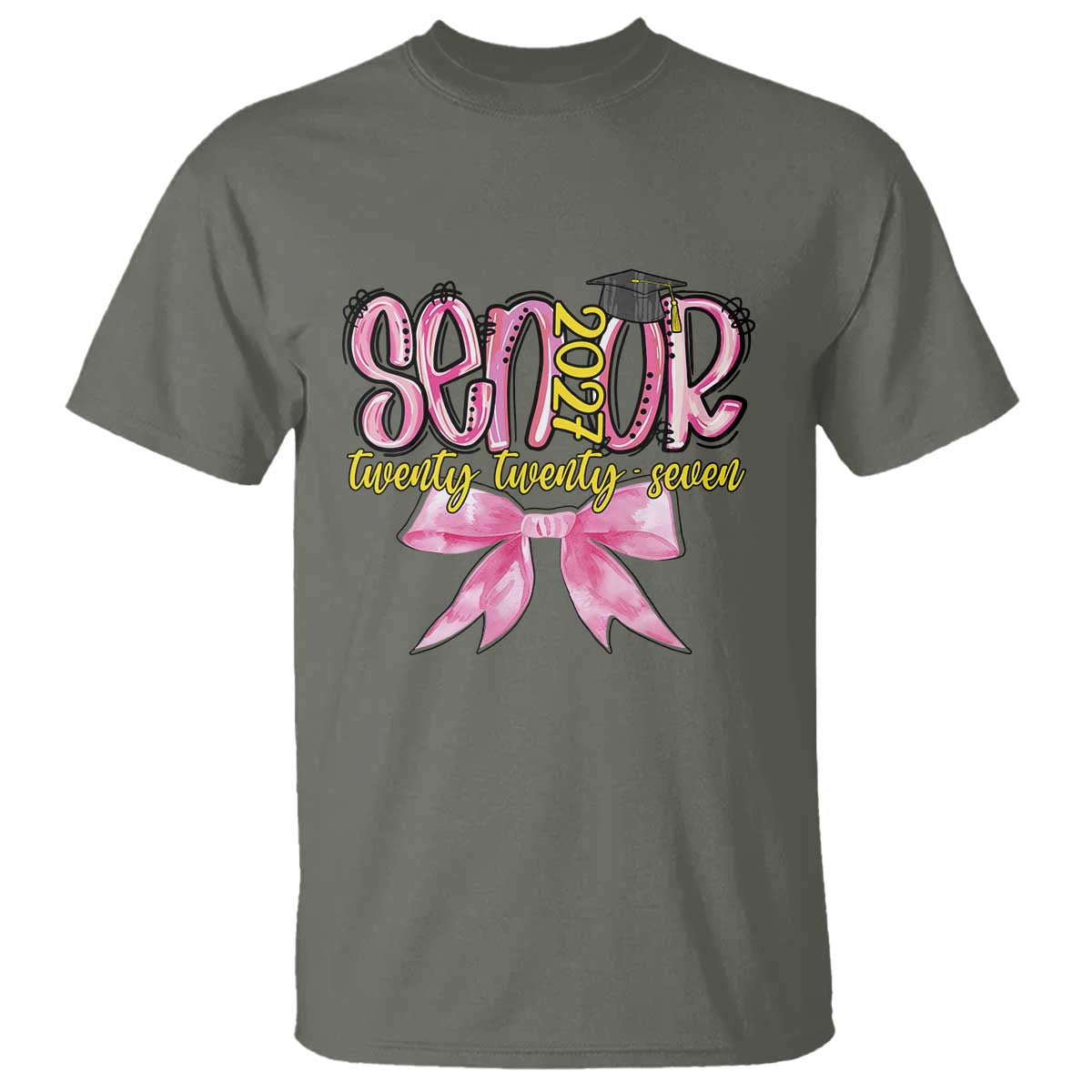 Funny Senior EST 2027 Graduation T Shirt Twenty Twenty Seven Pink Bow TS11 Military Green Print Your Wear