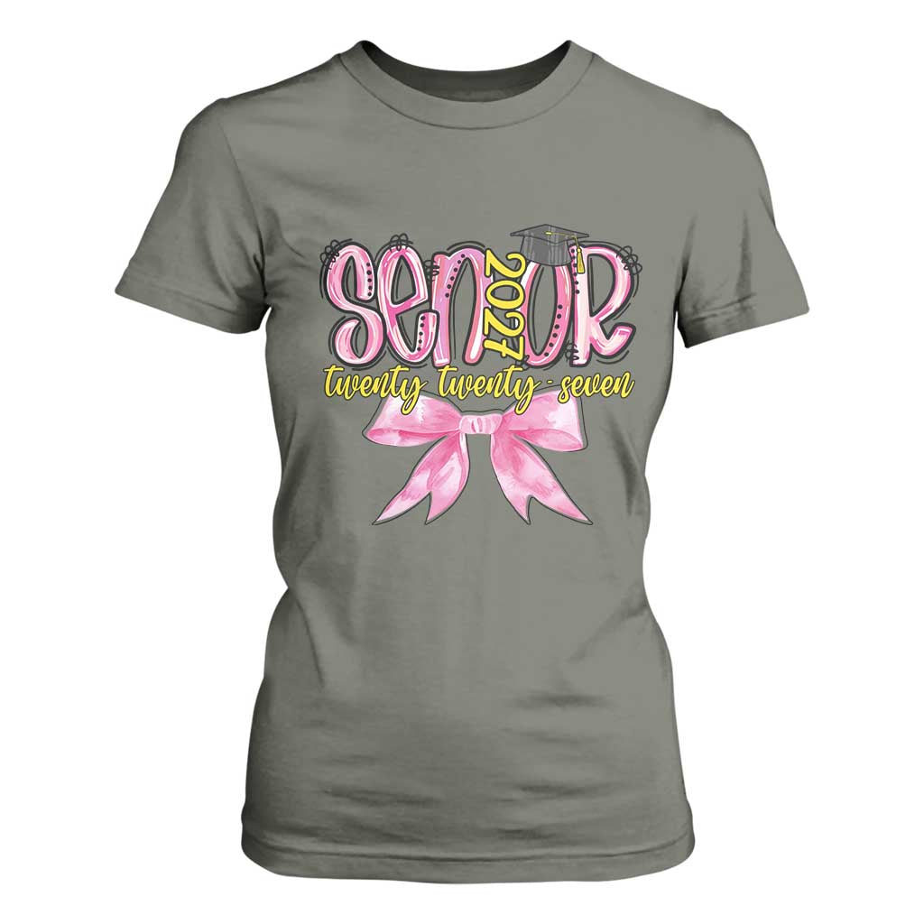 Funny Senior EST 2027 Graduation T Shirt For Women Twenty Twenty Seven Pink Bow TS11 Military Green Print Your Wear