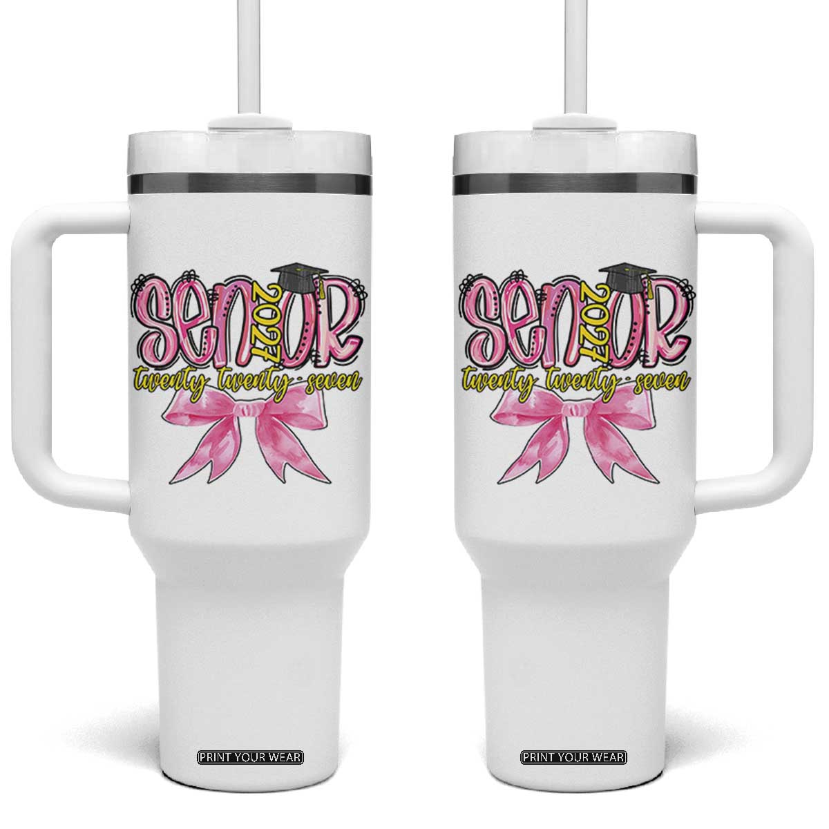 Funny Senior EST 2027 Graduation Tumbler With Handle Twenty Twenty Seven Pink Bow TS11 One Size: 40 oz White Print Your Wear
