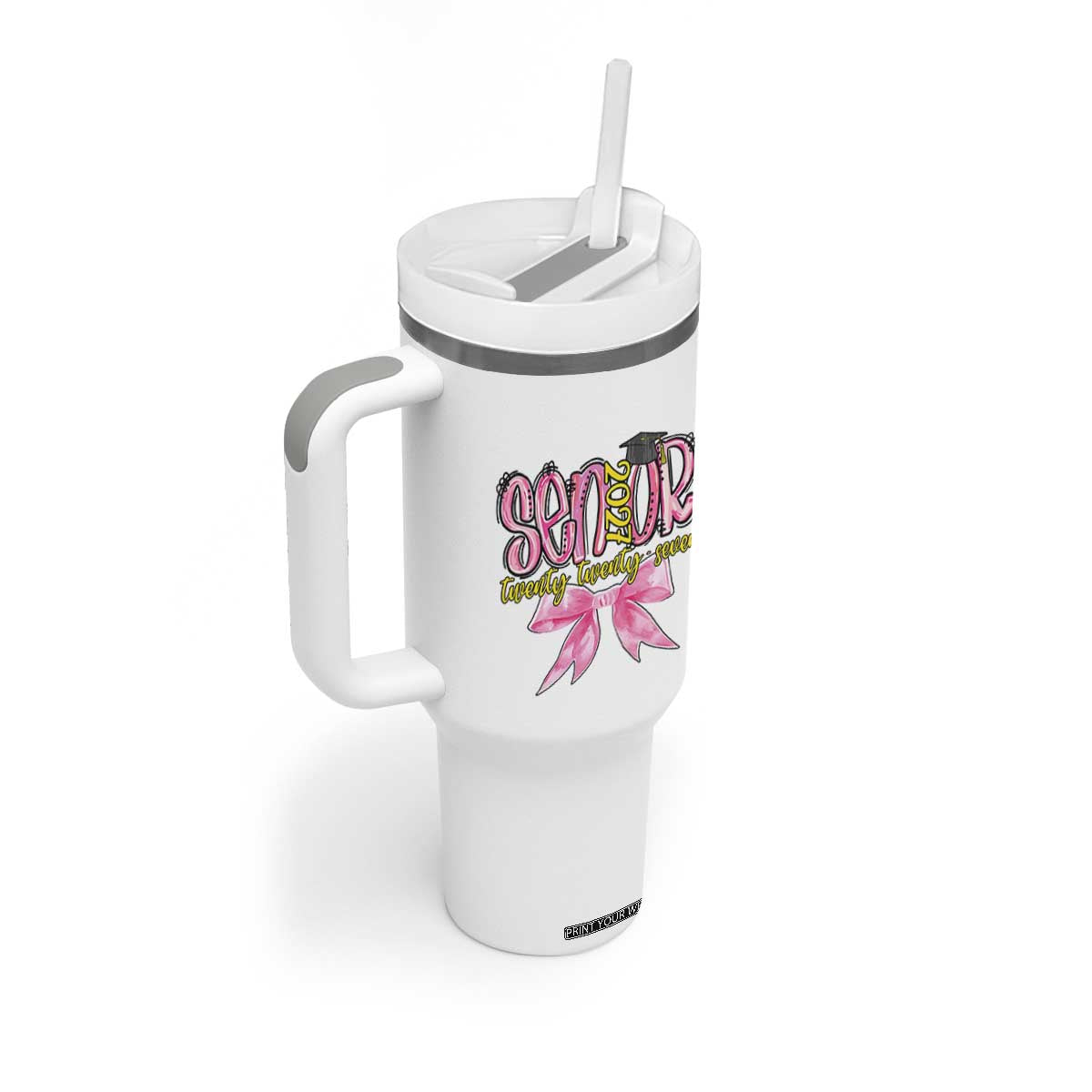Funny Senior EST 2027 Graduation Tumbler With Handle Twenty Twenty Seven Pink Bow