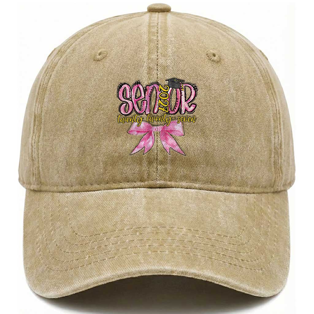 Funny Senior EST 2027 Graduation Washed Cotton Baseball Cap Twenty Twenty Seven Pink Bow TS11 Print Your Wear