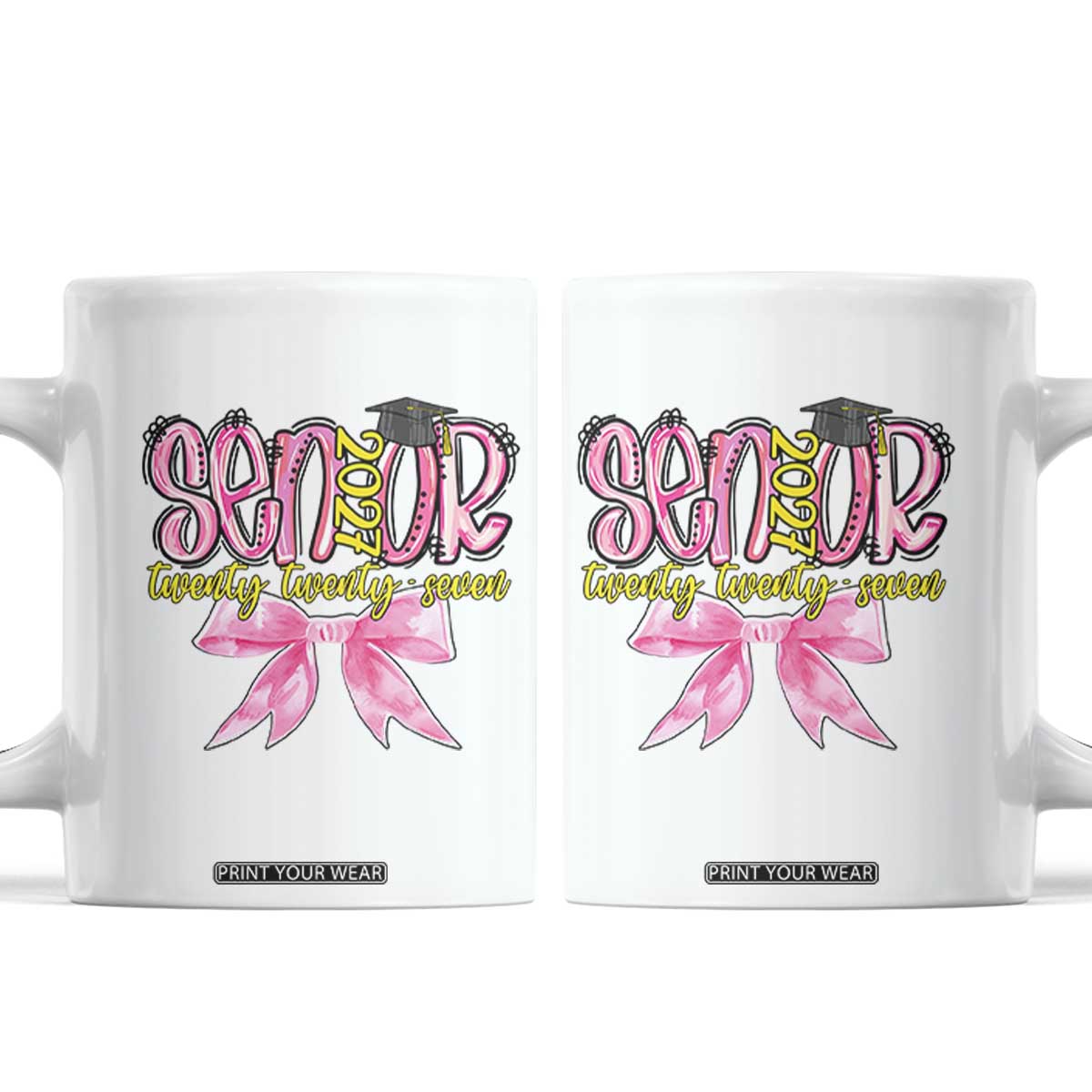 Funny Senior EST 2027 Graduation Coffee Mug Twenty Twenty Seven Pink Bow