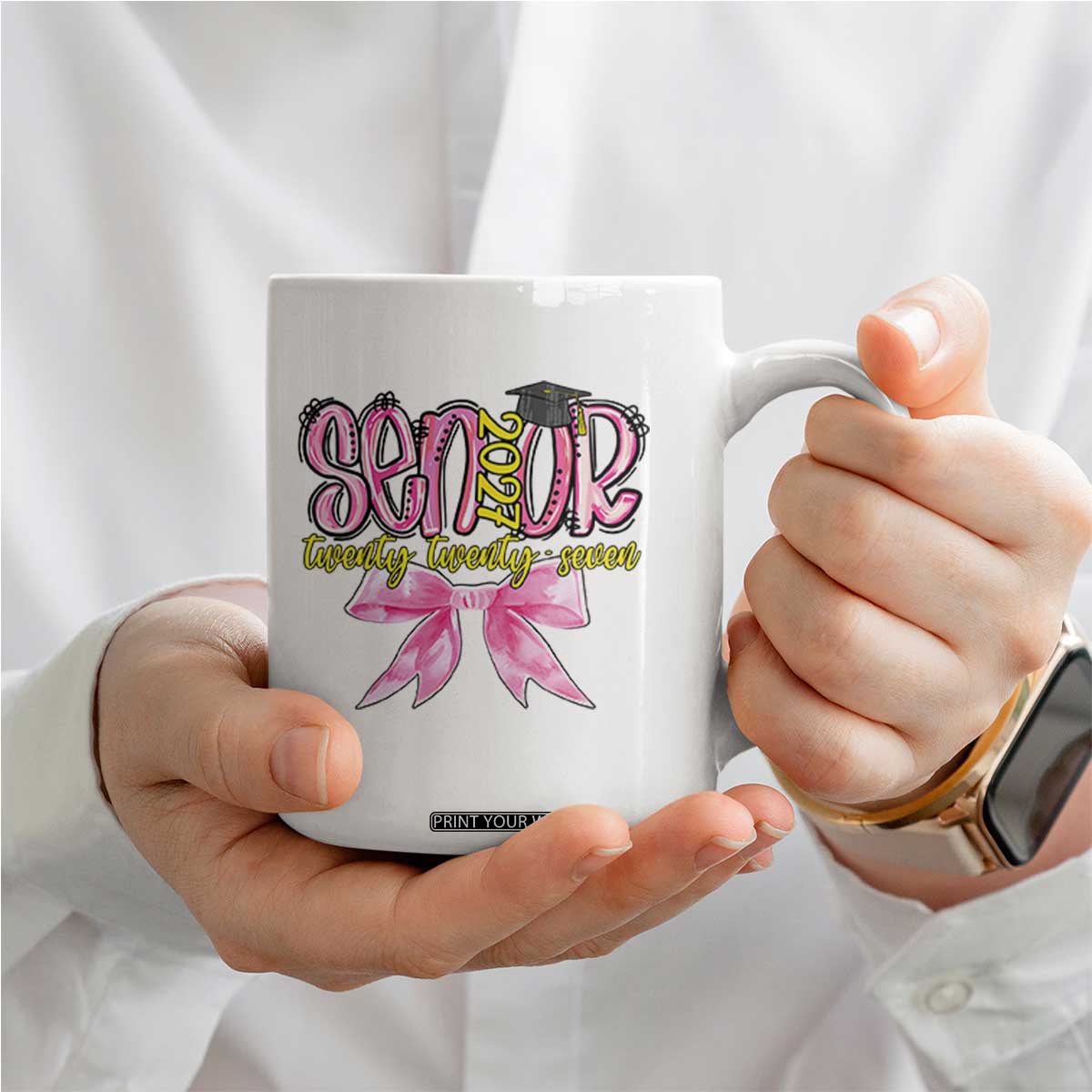 Funny Senior EST 2027 Graduation Coffee Mug Twenty Twenty Seven Pink Bow