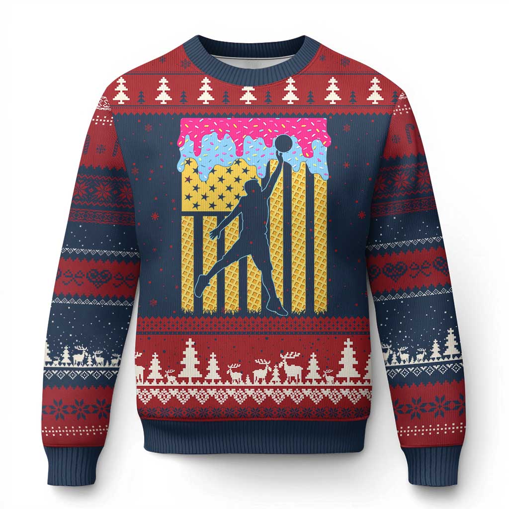 Basketball Ice Cream Drip American Flag Youth Players Ugly Christmas Sweater TS11 Navy Red Print Your Wear