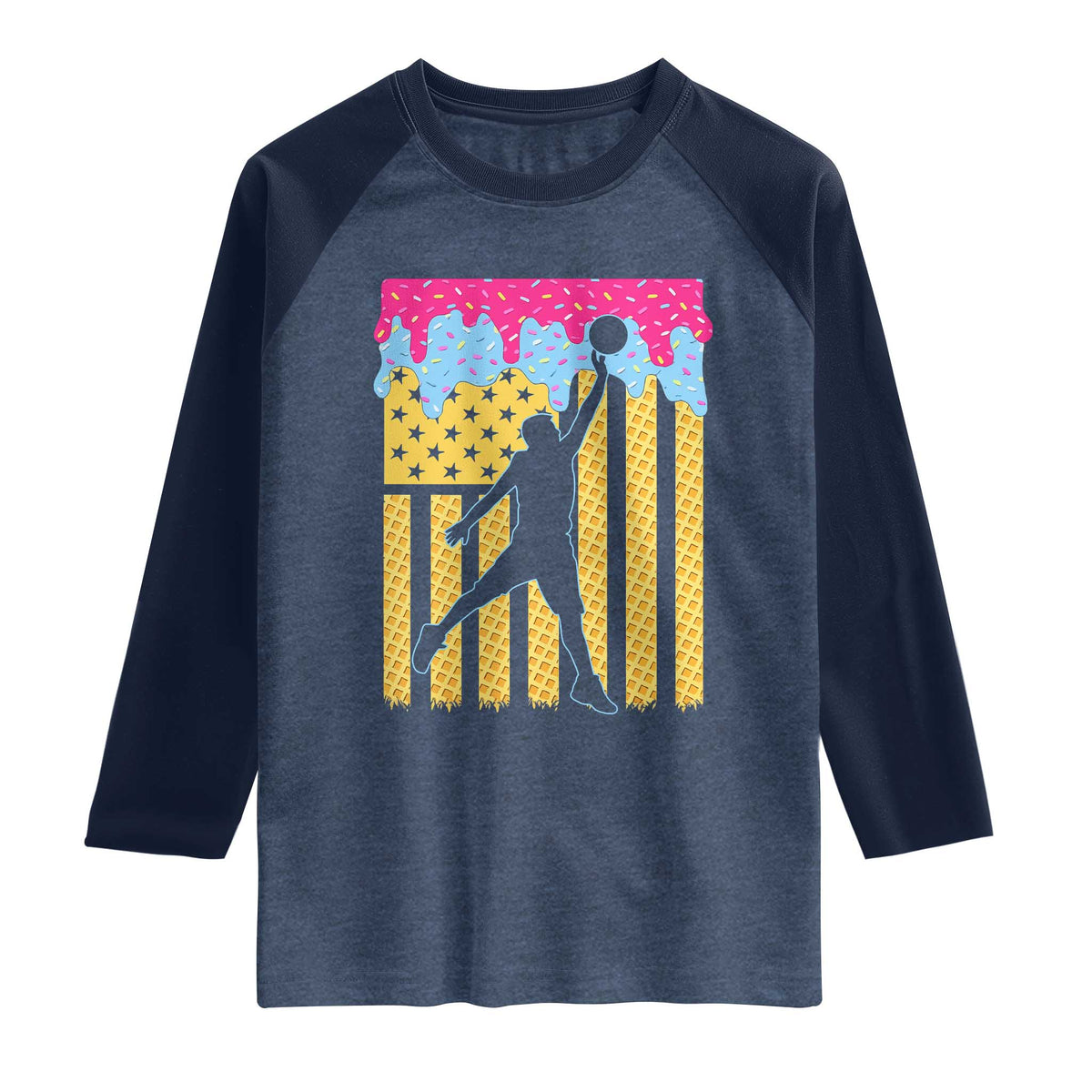 Basketball Ice Cream Drip American Flag Youth Players Raglan Shirt TS11 Heather Denim Navy Print Your Wear