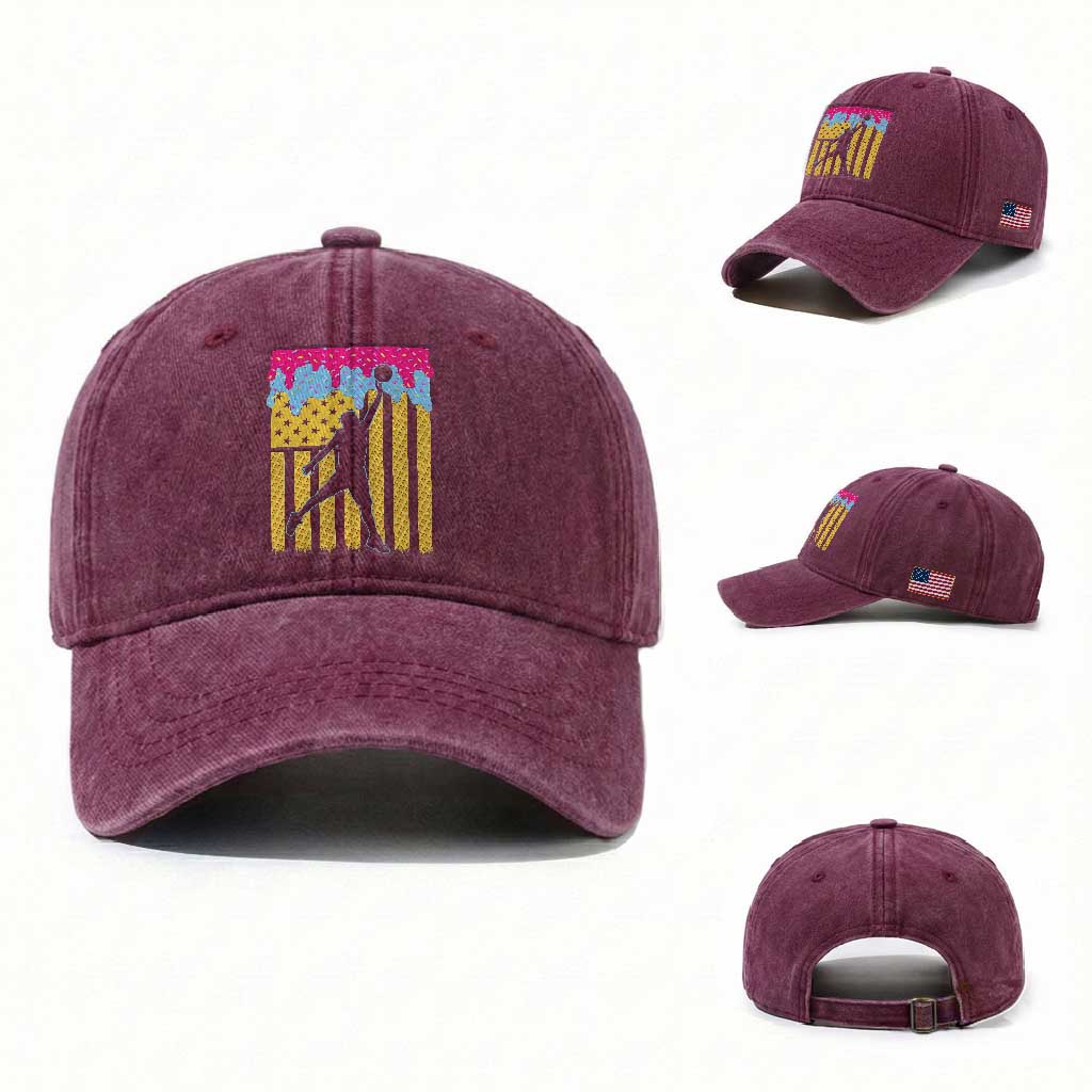 Basketball Ice Cream Drip American Flag Youth Players Washed Cotton Baseball Cap TS11 Washed Cap Universal Fit Burgundy Print Your Wear