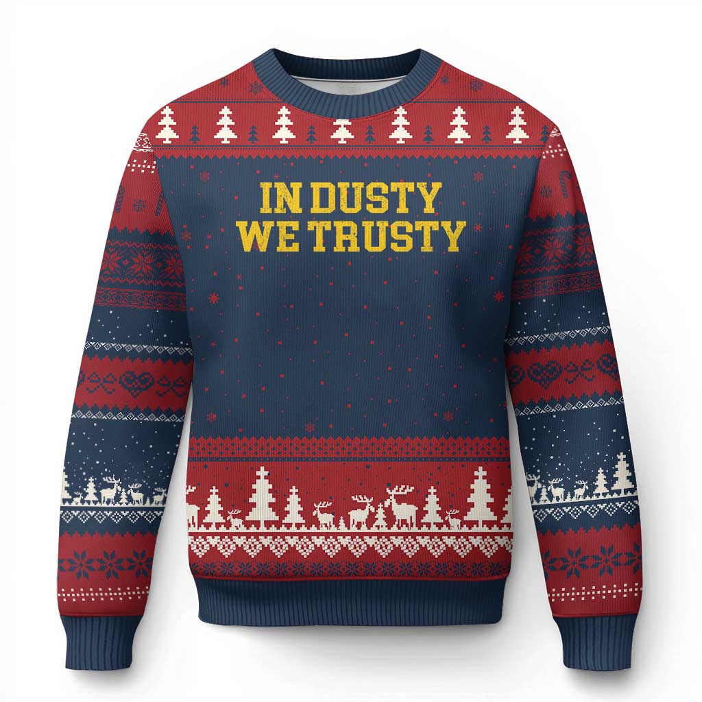 In Dusty We Trusty Ugly Christmas Sweater Michigan State Basketball Quote TS11 Navy Red Print Your Wear