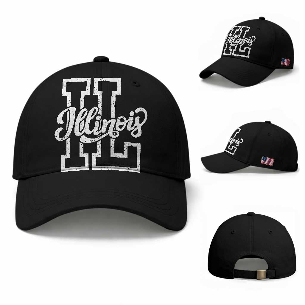 Illinois Sports Fan Baseball Cap Varsity Aesthetic IL State Pride TS11 Baseball Cap Universal Fit Black Print Your Wear