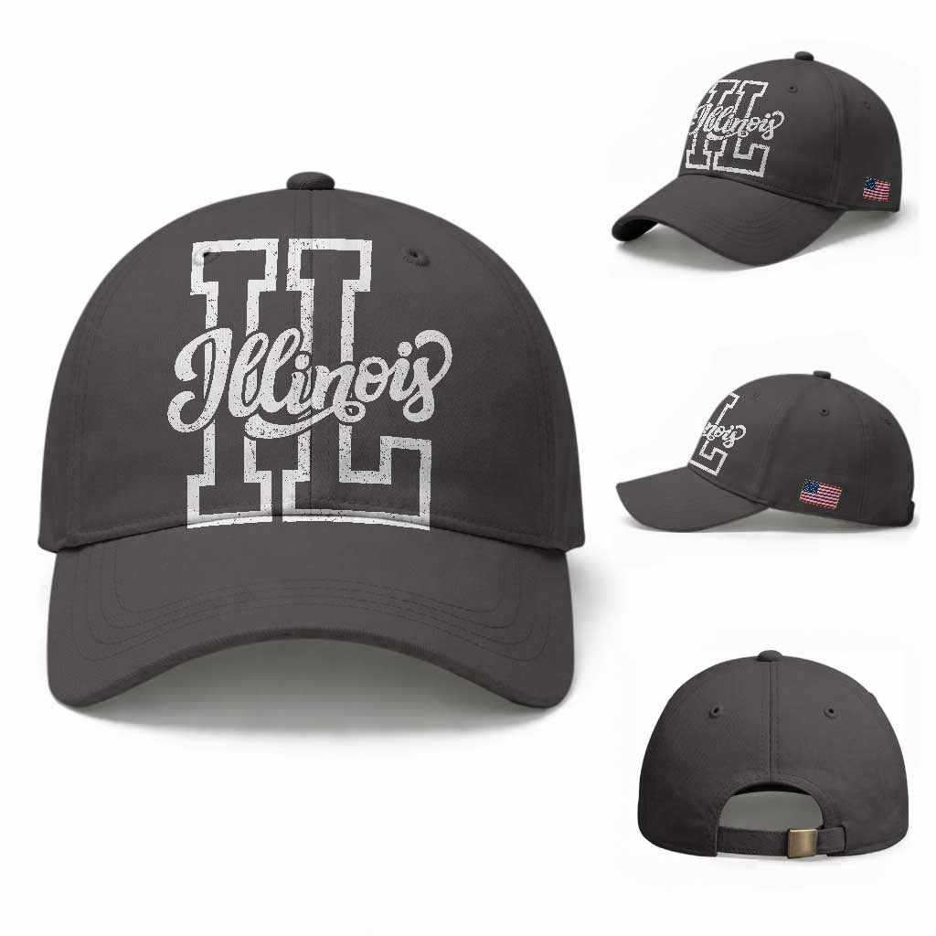 Illinois Sports Fan Baseball Cap Varsity Aesthetic IL State Pride TS11 Baseball Cap Universal Fit Dark Gray Print Your Wear