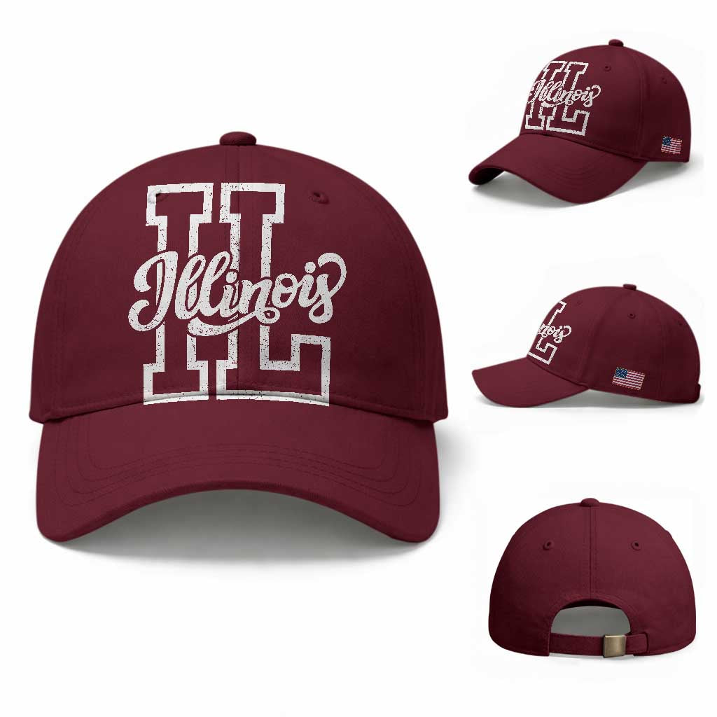 Illinois Sports Fan Baseball Cap Varsity Aesthetic IL State Pride TS11 Baseball Cap Universal Fit Maroon Print Your Wear