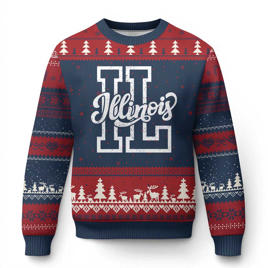 Illinois Sports Fan Ugly Christmas Sweater Varsity Aesthetic IL State Pride TS11 Navy Red Print Your Wear