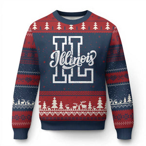 Illinois Sports Fan Ugly Christmas Sweater Varsity Aesthetic IL State Pride TS11 Navy Red Print Your Wear