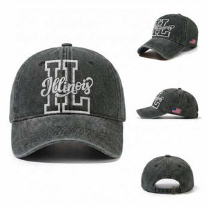 Illinois Sports Fan Washed Cotton Baseball Cap Varsity Aesthetic IL State Pride TS11 Washed Cap Universal Fit Dark Green Print Your Wear