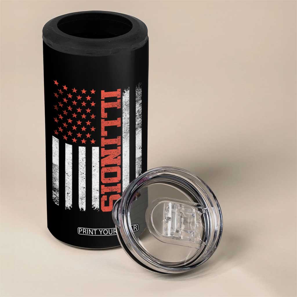 Illinois Pride 4 in 1 Can Cooler Tumbler Vintage American Flag Distressed Varsity Aesthetic Letters IL State TS11 Print Your Wear